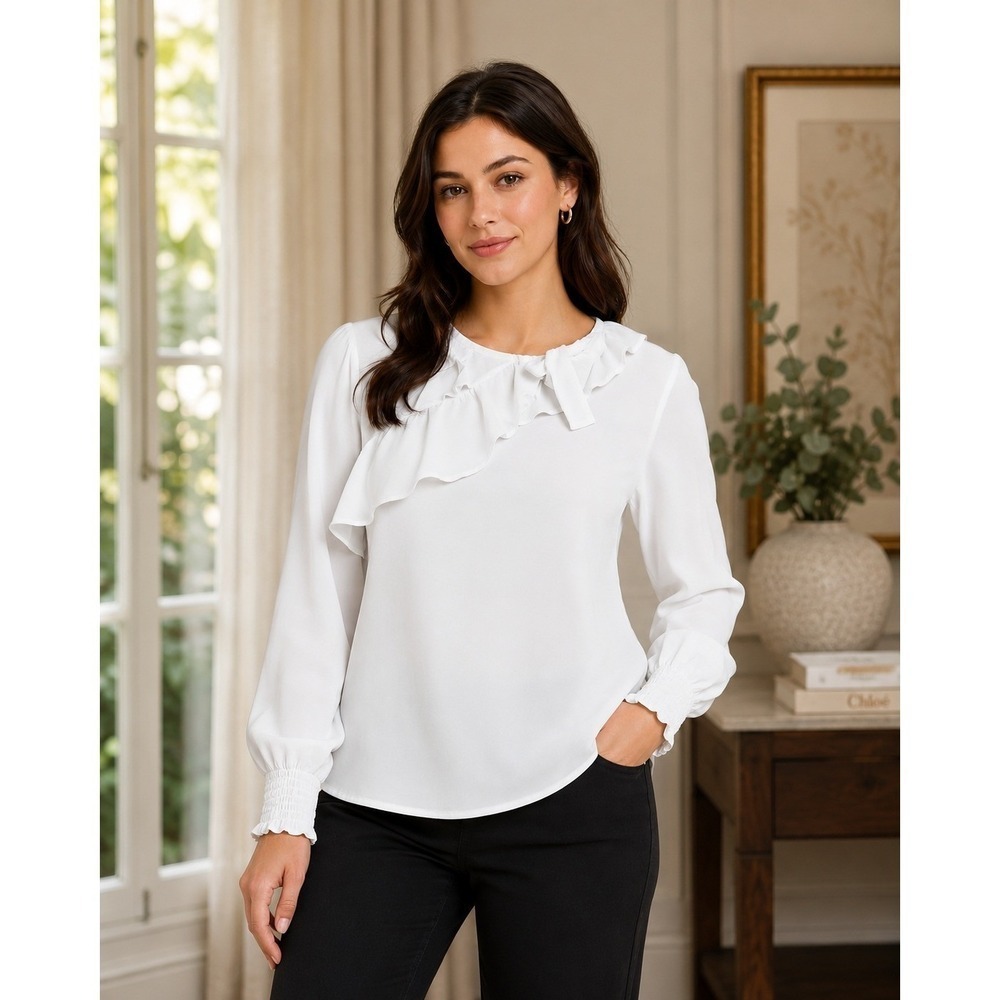JUST FEMALE Blouse Women XS White Shiro Ruffle Coquette Minimalist Scandi
